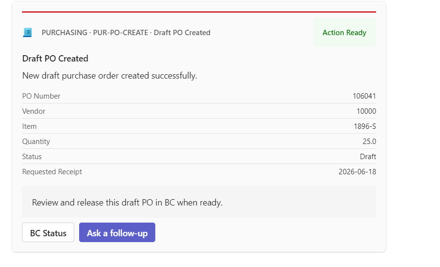 Draft PO Created — approved action in BC