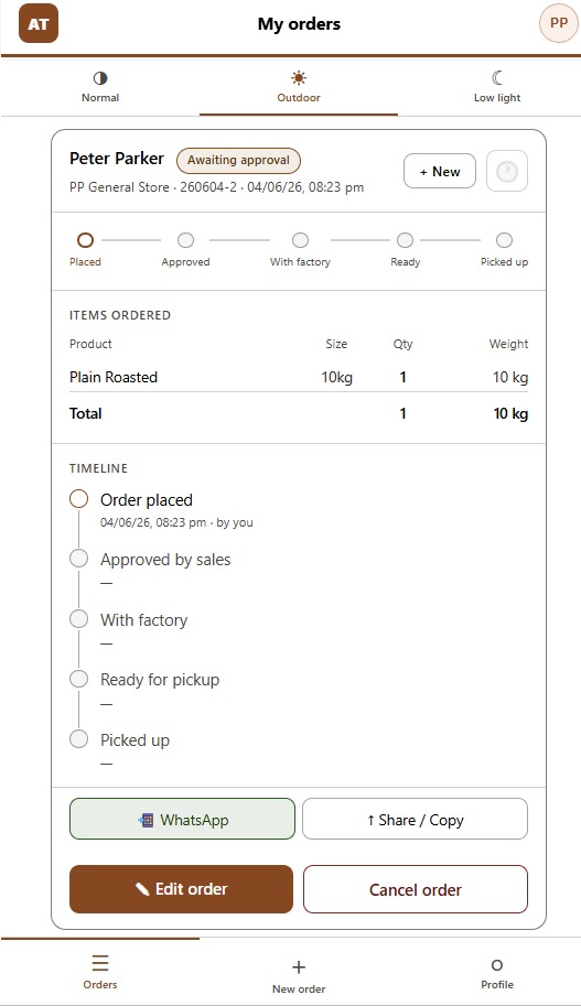 Order tracking — 5-stage pipeline